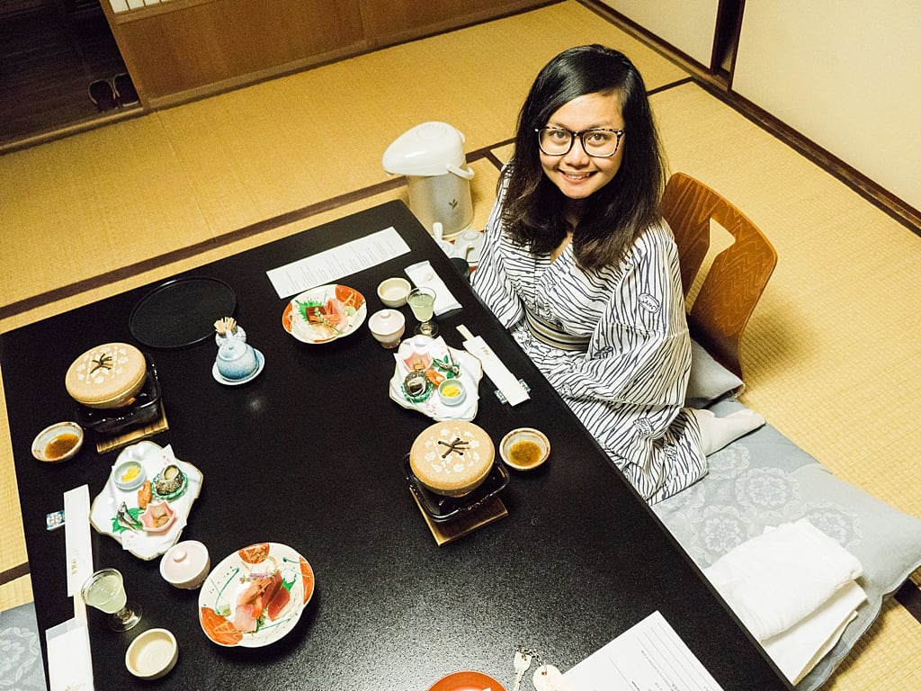 Kaiseki meal in ryokan with a yukata